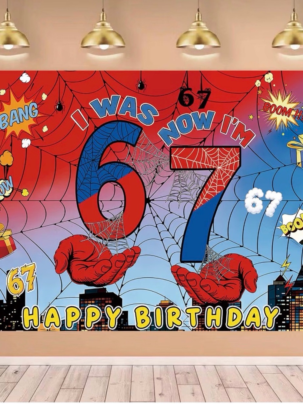 Happy Birthday 67 Spider-Web Wall Mural - Red & Blue